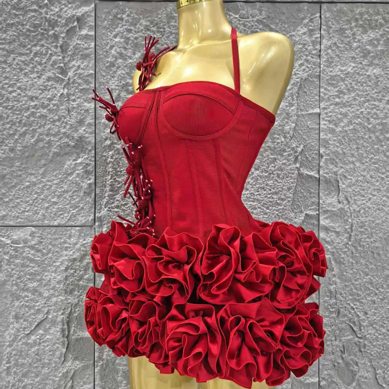 Red Color Women Sexy Halter Full Florals 2 Pieces Bodycon Mini Bandage Dress Celebrate Nightclub Party Birthday Dress