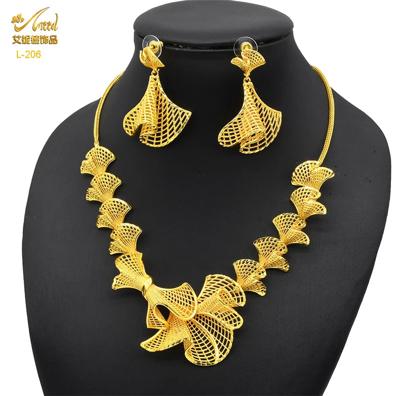 Ethiopian Tassel 24k Gold Plated Jewelry Sets For Women Arabic Wedding Indian Bridal Dubai Necklace And Earring Set Gifts L206Necklace earring