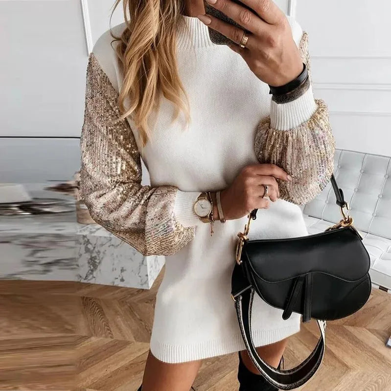Office Lady Dress Elegant Button Turtleneck Autumn Winter Dress Women New Fashion Sequins Long Sleeve A-Line Party Dress Vestido 03 Sequins White