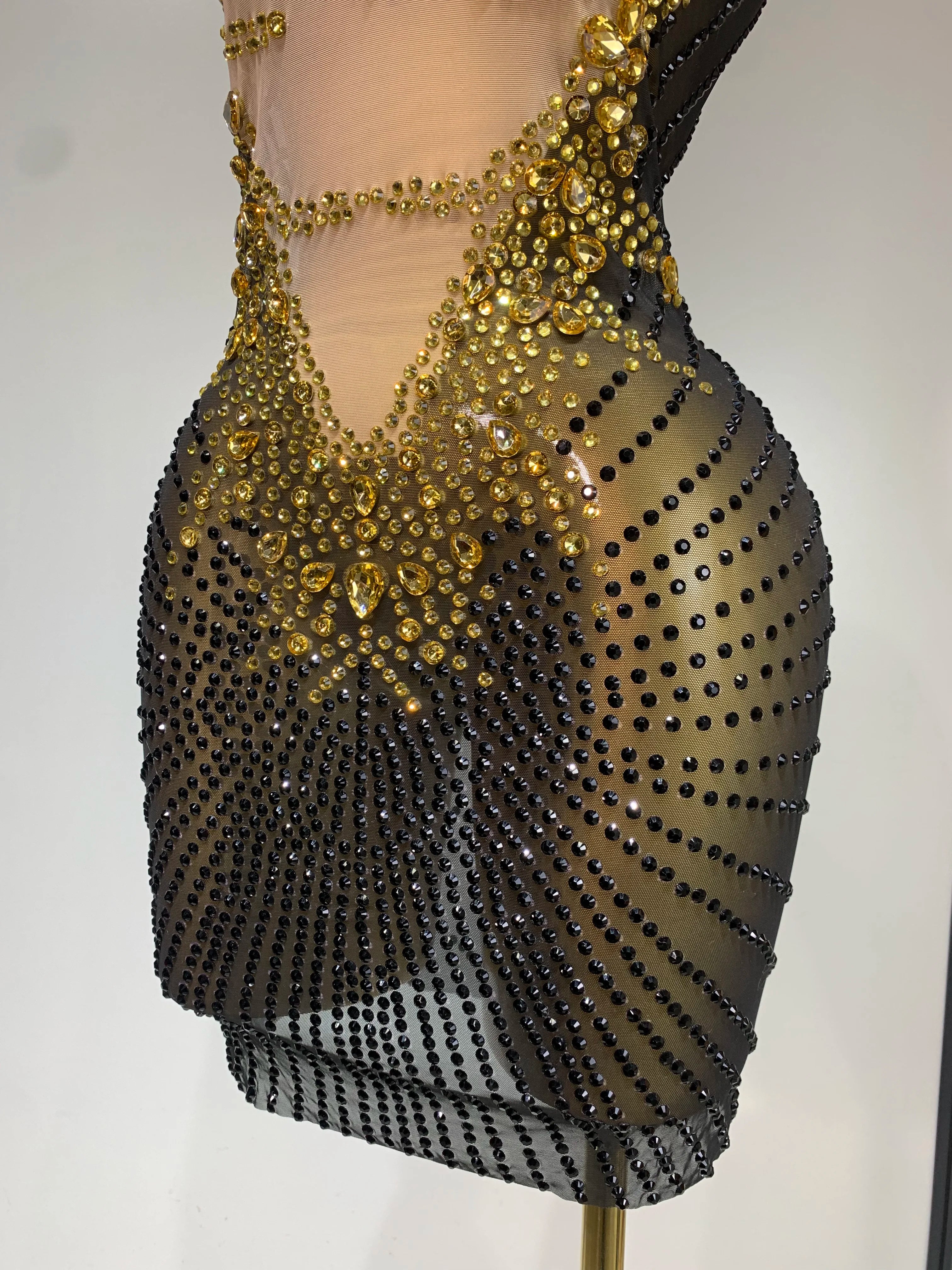 Sparkly Gold Rhinestone Transparent Sleeveless Mini Dress Evening Birthday Celebrate Party Nightclub Dance Performance Outfit