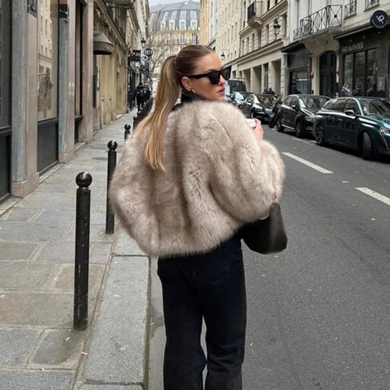 Short Faux Fur Coats Women Plush Autumn Winter O-neck Open Stitch Loose Women's Coat Long Sleeve Casual Jacket Female Streetwear