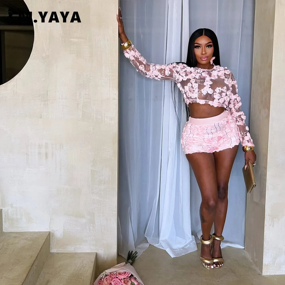 CM.YAYA 3D Flower Women's Set Mesh See Through Long Sleeve Top and Shorts Suits 2025 Sweet Party Girl Two 2 Piece Sets Outfits