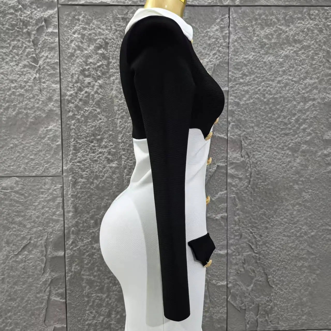 Women Long Sleeve Sexy Pacthwork Button Bodycon Mini Bandage Dress Elegant Evening Party Red Carpet Fashion Cocktail Outfit