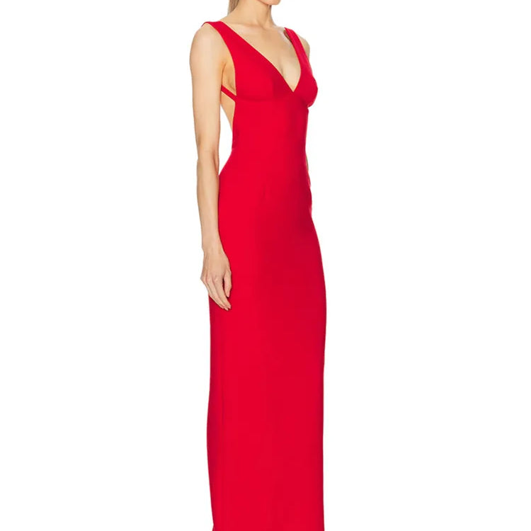 Women Sexy V Neck Backless Red Maxi Long Summer Celebrity Bodycon Bandage Dress 2025 Elegant Evening Club Party Dress