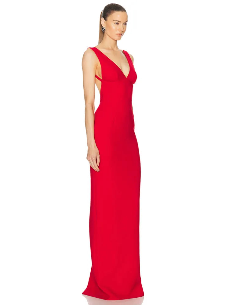 Women Sexy V Neck Backless Red Maxi Long Summer Celebrity Bodycon Bandage Dress 2025 Elegant Evening Club Party Dress