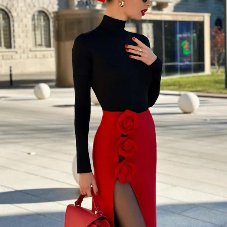 Summer Women Black Red Flower Bodycon Bandage Skirt Designer High Waist Party Office Lady Elegant Split Skirt