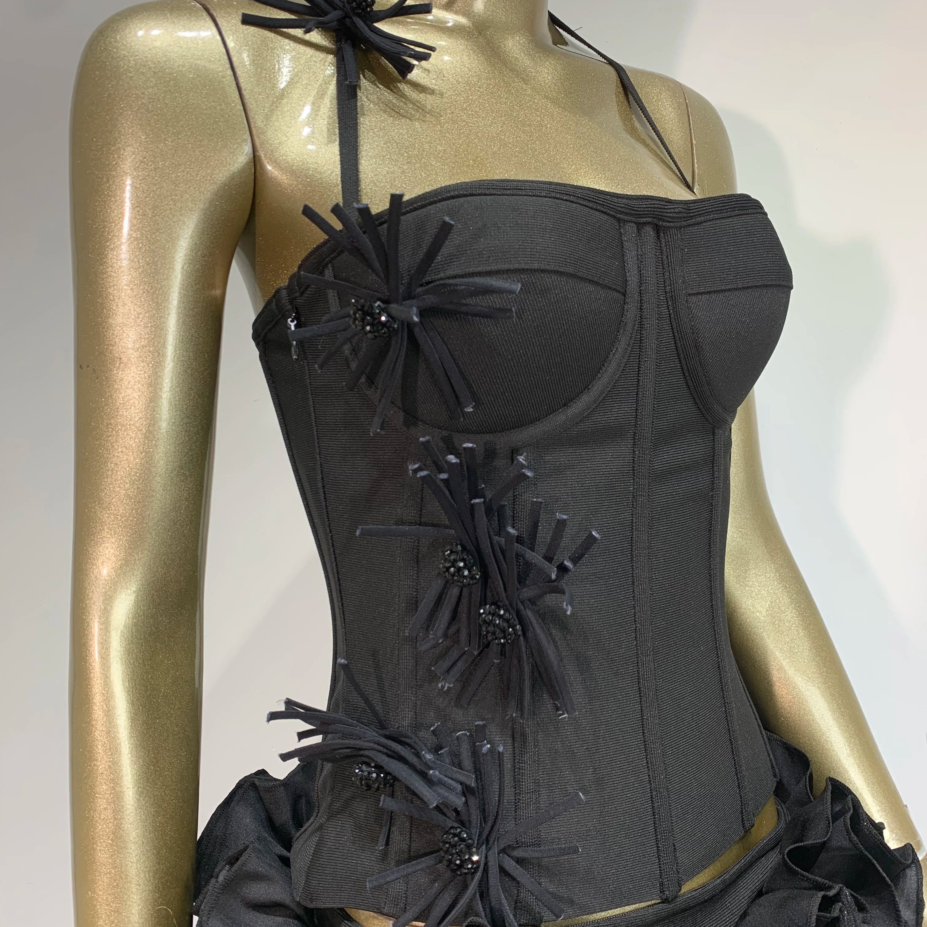 Women Sexy Halter Backless Lacing Flower Black Mini Two Pieces Skirt Bandage Set 2025 Celebrity Designer Fashion Women's Set