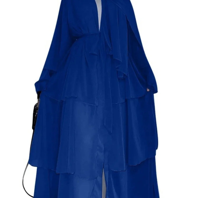 New In Women Abaya NO SCRARF(Encrypted Chiffon)Elegant Muslim Stitching Three Layer Abaya Ruffle Sleeves Cardigan Marocain Dress Flesh Blue