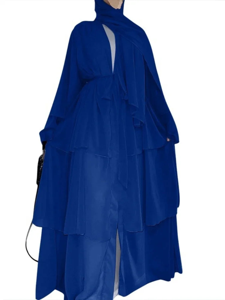 New In Women Abaya NO SCRARF(Encrypted Chiffon)Elegant Muslim Stitching Three Layer Abaya Ruffle Sleeves Cardigan Marocain Dress Flesh Blue