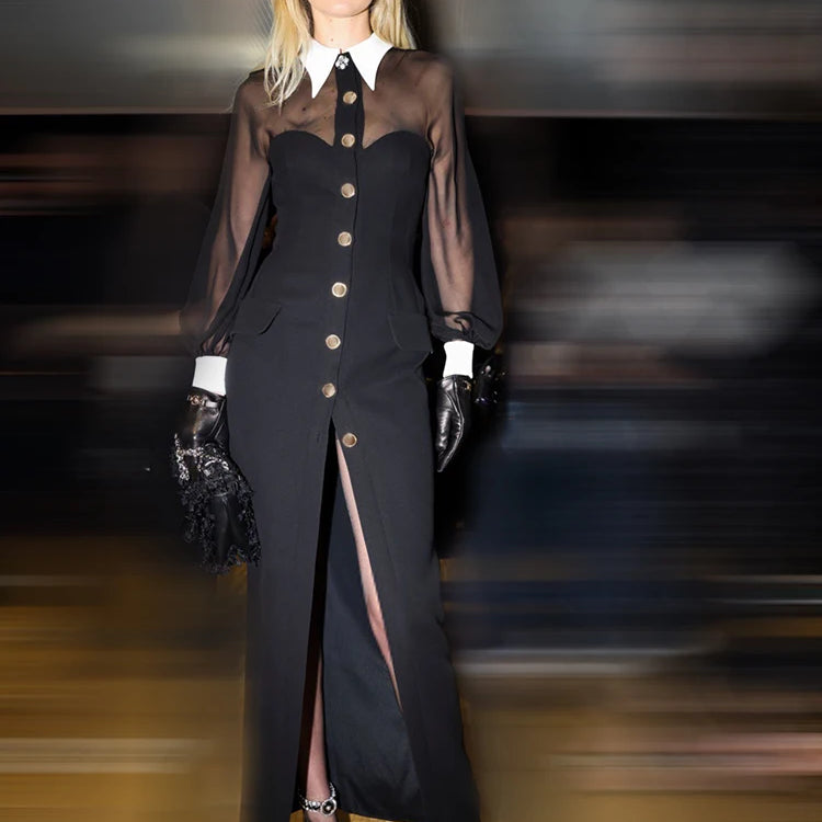 VC Women Elegant And Pretty Dress 2024 Spring Summer Fashion Party Long Sleeve Button Black Ankle Length Dresses