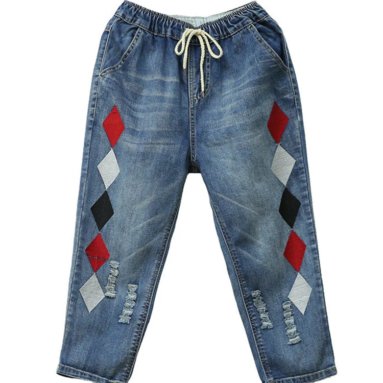 Autumn Ladies Luxury Embroidery Jeans Womens Fashion Vintage Ripped Denim Trousers Loose Holes Elastic Harem Pants