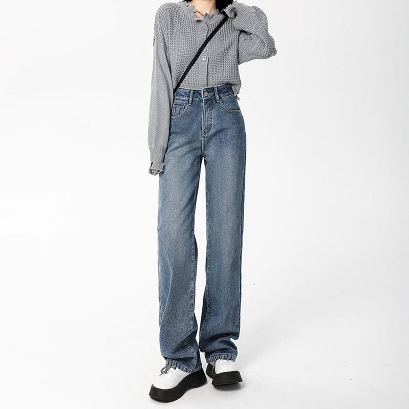 Plus Velvet Classic Women Denim Jeans Autumn and Winter Vintage Wash Warm Plush Thickened Straight Loose Pants