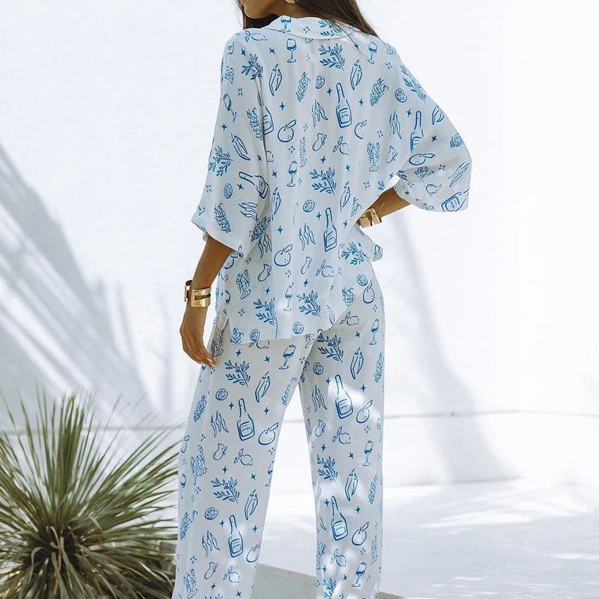 Clacive Fashion Loose Print 2 Piece Sets Women Outfit Elegant Long Sleeve Shirt With High Waist Wide Pants Set Female