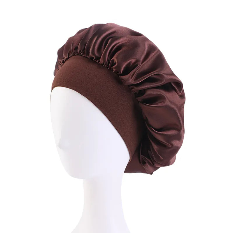 Women's Satin Solid Wide-brimmed Sleeping Hat Unisex Head Wrap Elastic Band Cap Hair Care Bonnet Night Hat bonnet de nuit Dark Brown