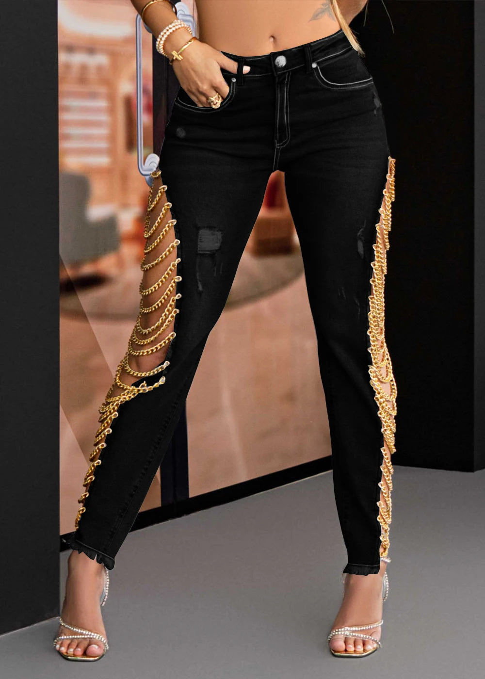 Sexy Skinny Slim Fit High Waist Jeans for Women Trendy Demin Pants Party Peach Button black