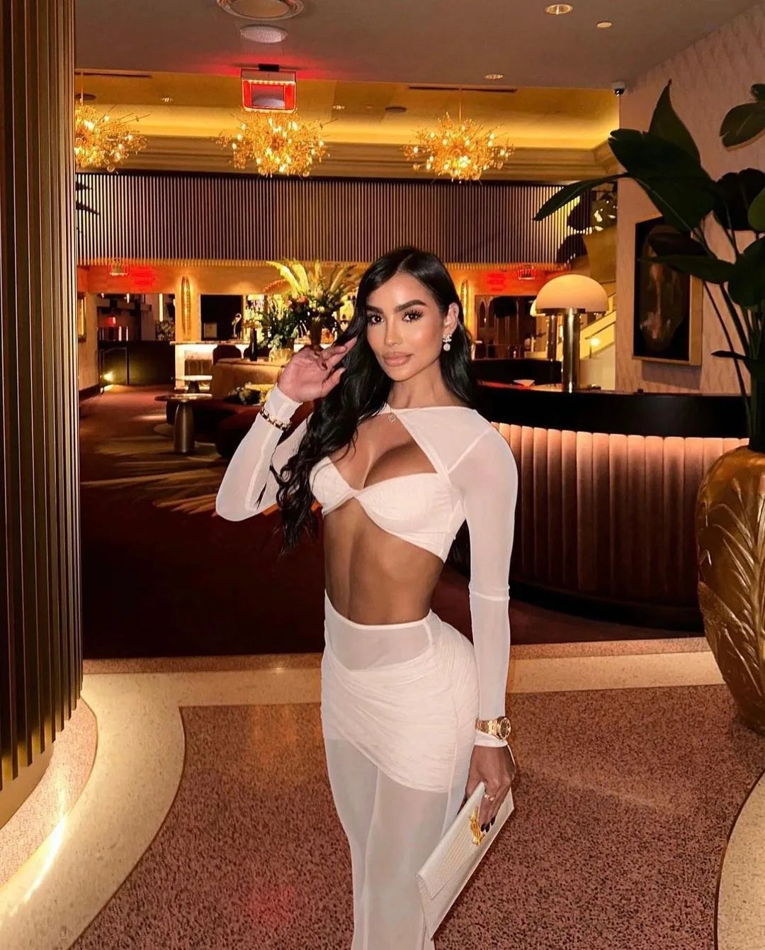 2024 Stylish Expose Waist Woman Set Sexy Hollow Out Short Top And Mesh Pants 2 Pieces High Street Wear Holidy Vacation Outfit