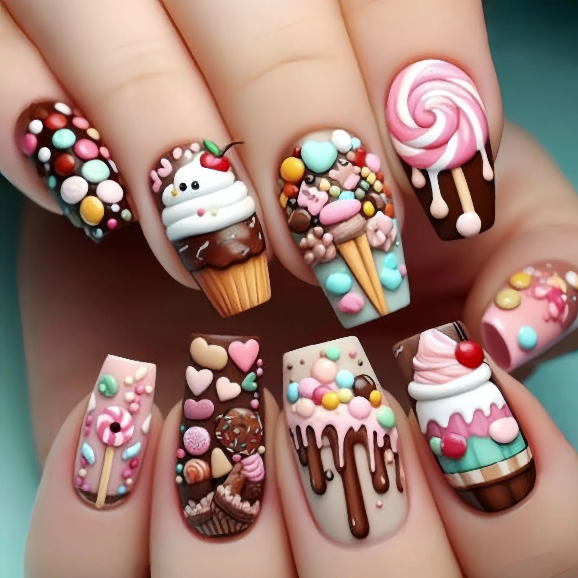 24Pcs Pink Sweet Press on Nails Square Head Colorful Cute Wearing Nail Art with Candy Dessert Design Removable Fishion Manicure