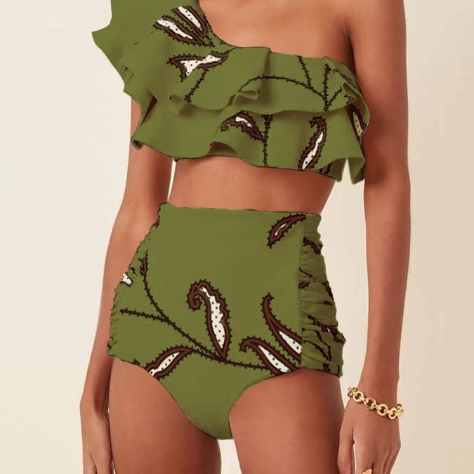Women's Printed Ruffle Swimsuit Fashion One Shoulder Slash Breasted Bikini Two Piece High Waisted Tummy Tuck Beachwear 2023 New army green