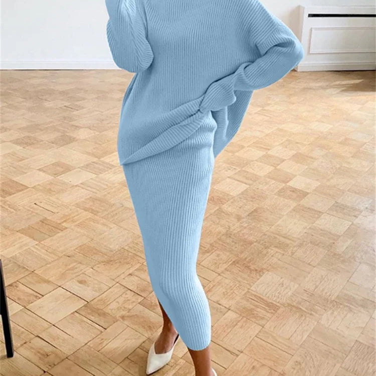 new Ribbed Knit 2 Piece Dress Set Outfits Ladies Knitwear Top And Midi Skirt Sets For Women Casual Winter Sweater Sets SKY BLUE