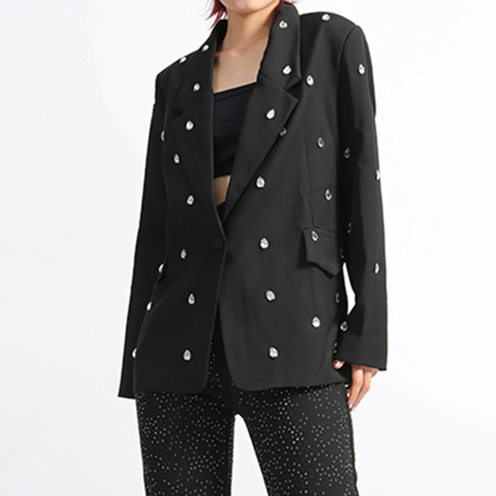 TWOTWINSTYLE Solid Loose Spliced Bead Elegant Jackets for Women Lapel Long Sleeves Patchwork Button Jacket Female Clothing New