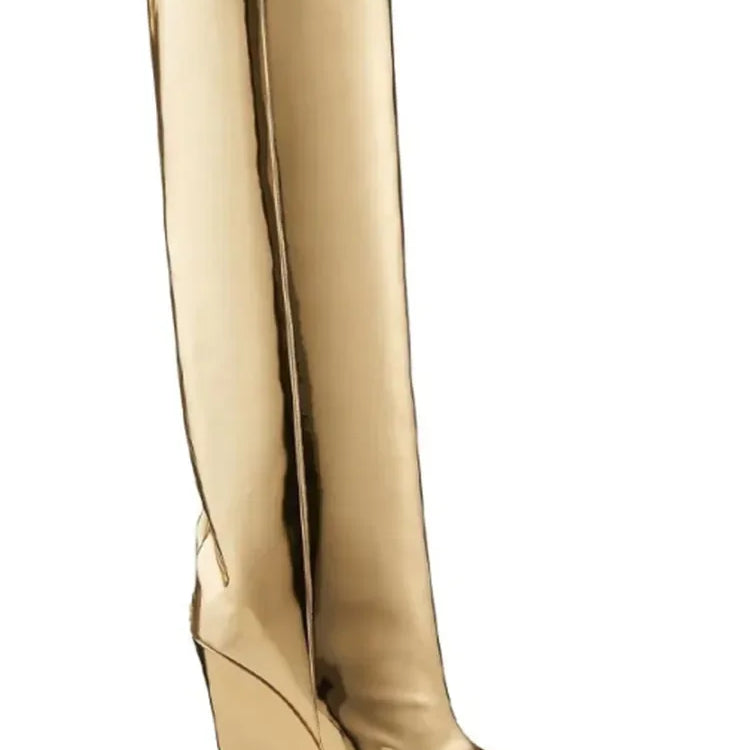 New European and American Thick Sole Knee Long Women's Boots with Pointed Side Zipper Thick High Heel Women's Mid Length Boots 519-golden