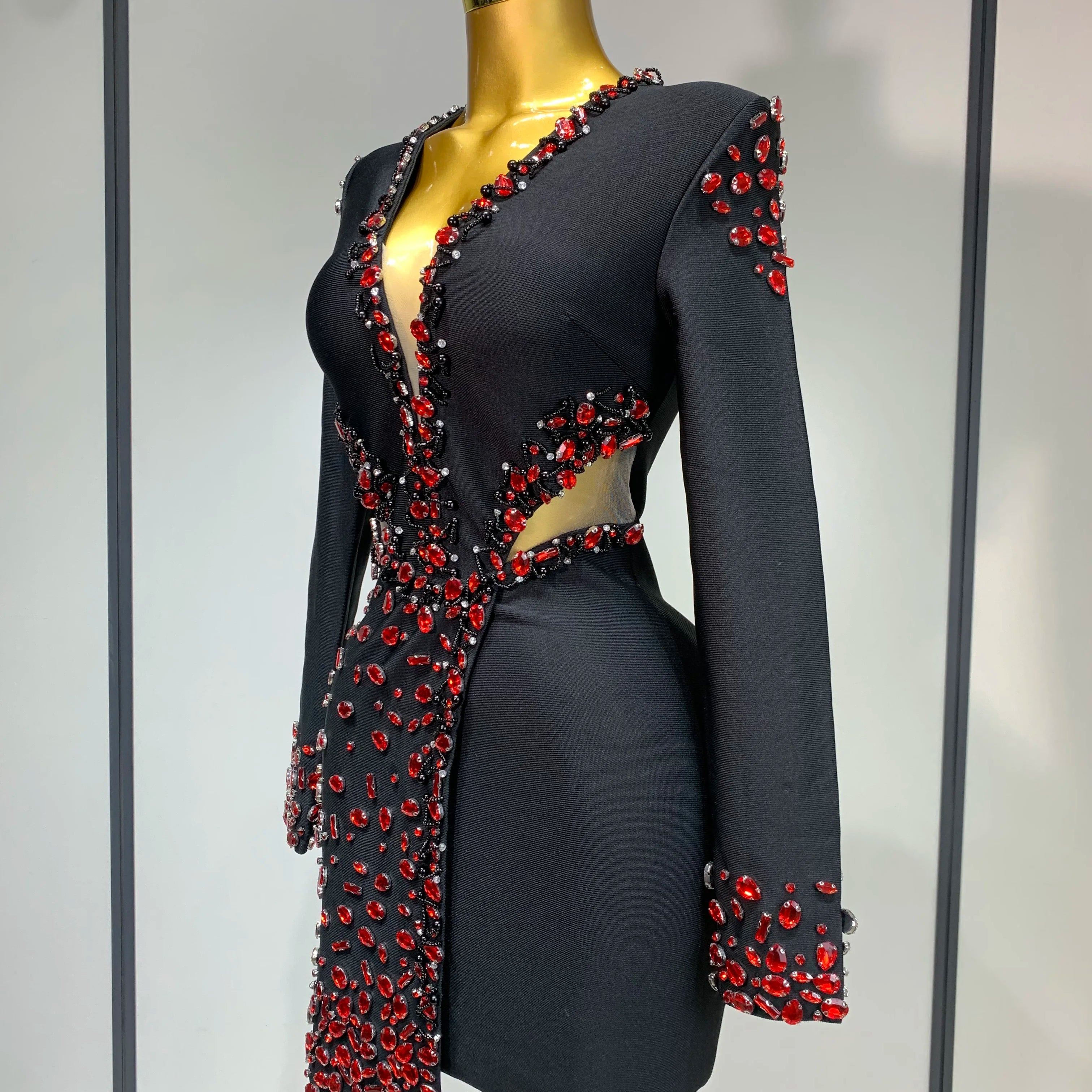 Luxury Birthday Women Celebrity Sexy Long Sleeve V Neck Rhinestone Black Bandage Dress 2025 Elegant Evening Club Party Dresses