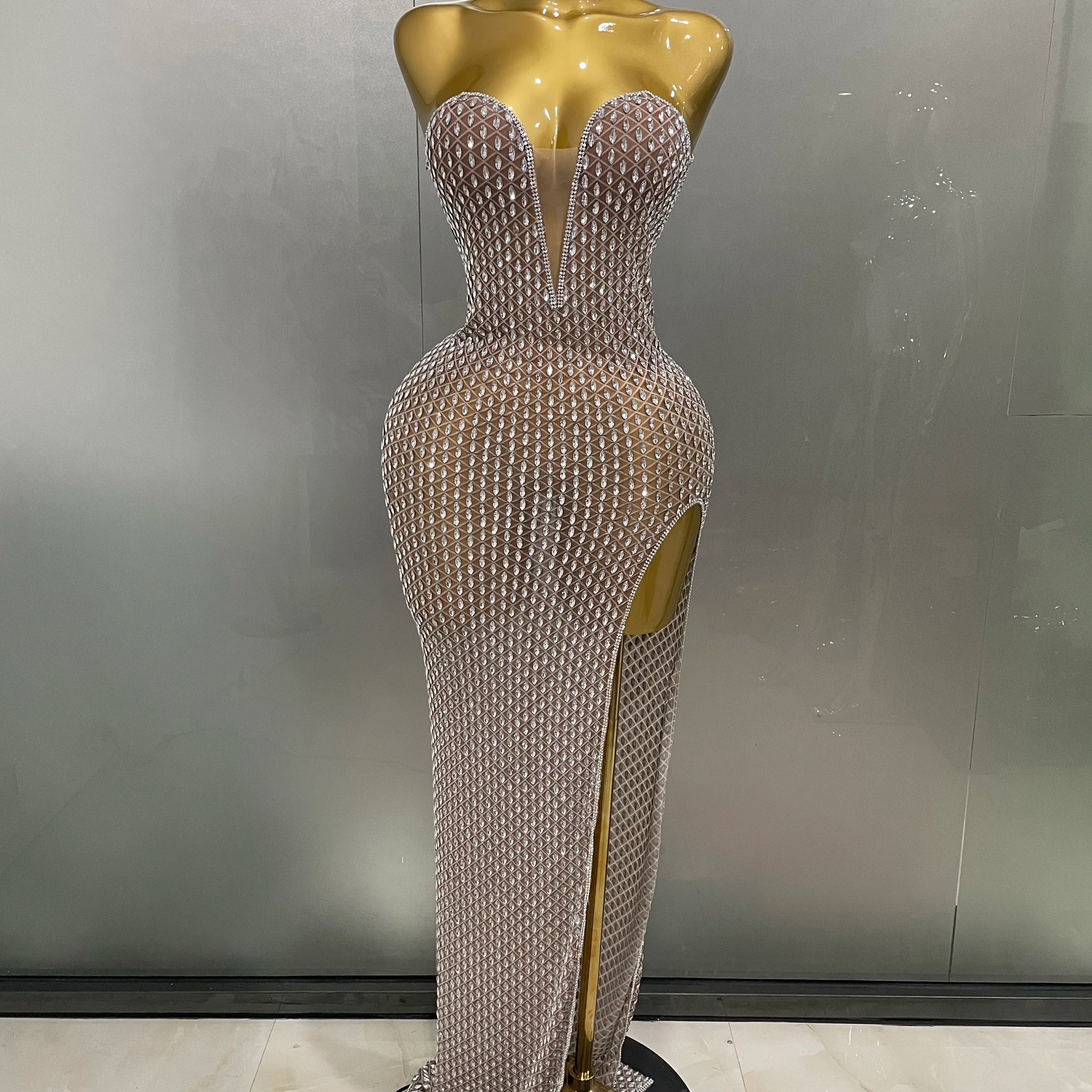 2025 Luxurious Full Rhinestones Mesh Transparent long dress Women Birthday Celebrate Evening Prom Dress party Club Stage Costume