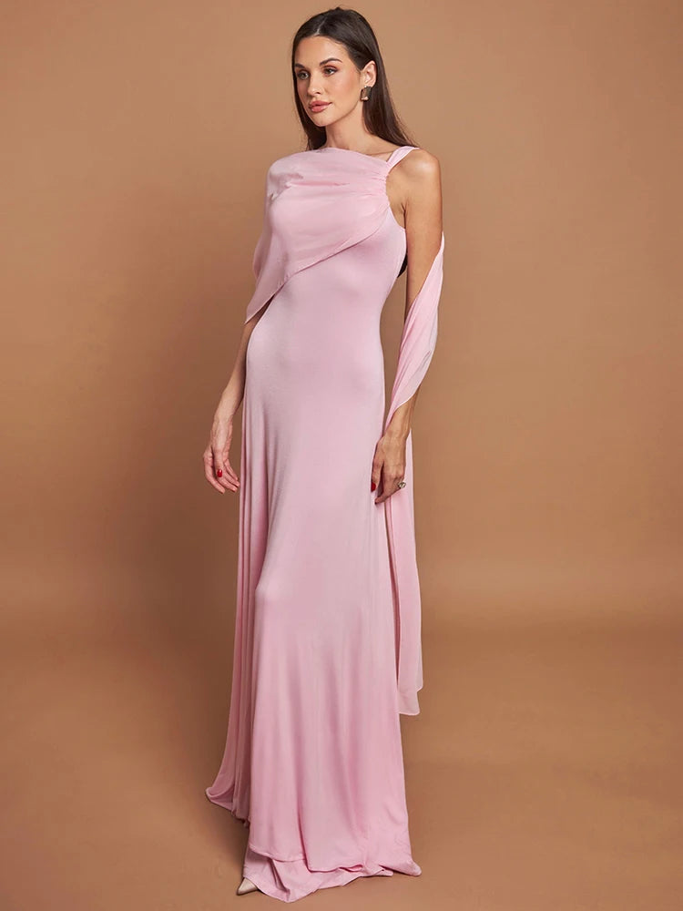Pink Cape Sleeve Sexy Maxi Dress For Women Off-shoulder Backless Gown Elegant Skew Collar Lace-up Long Dress Vestido