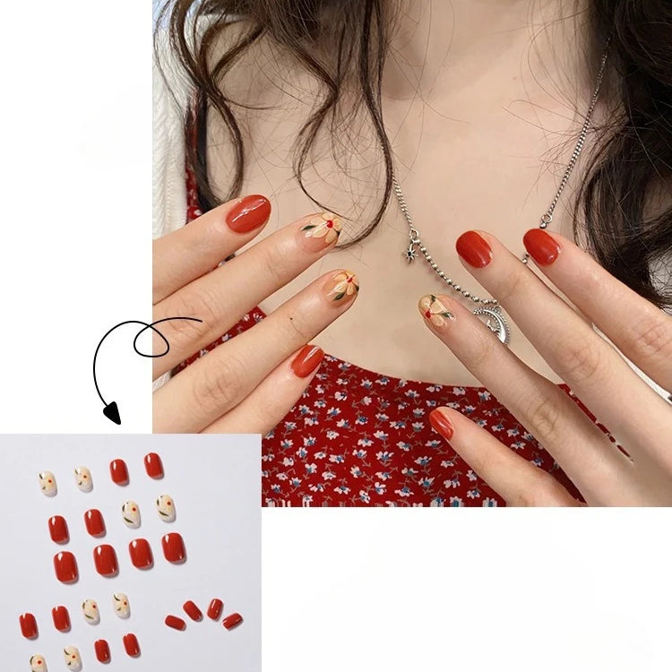 24Pcs Iced Camellia Nails Tomato Red Designed with French Acrylic Nail Art Tips for Women&Girl Daily,Party Wear