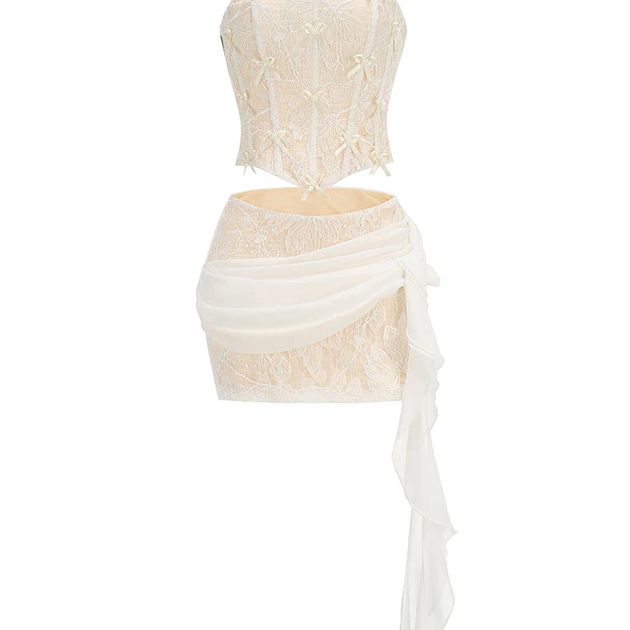 Fashion White Color Women Sexy Strapless 2 Pieces Bodycon Lace Draped Mini Dress Birthday Party Girls' Date Outfit