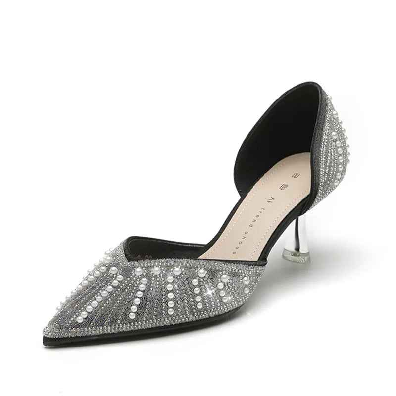 6CM Pointed Toe Bride Wedding Shoes Cinderella Prom Rhinestone Mary Janes High Heels Thin Heels Mary Jane Shoes black