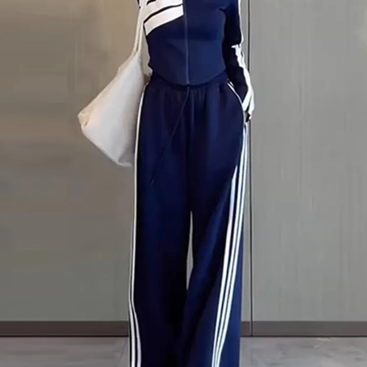 Striped Sports Set Women's Autumn/Winter Fashion Contrast Color Zipper Coat Long Sleeve Casual Wide Leg Pants Two Piece Set