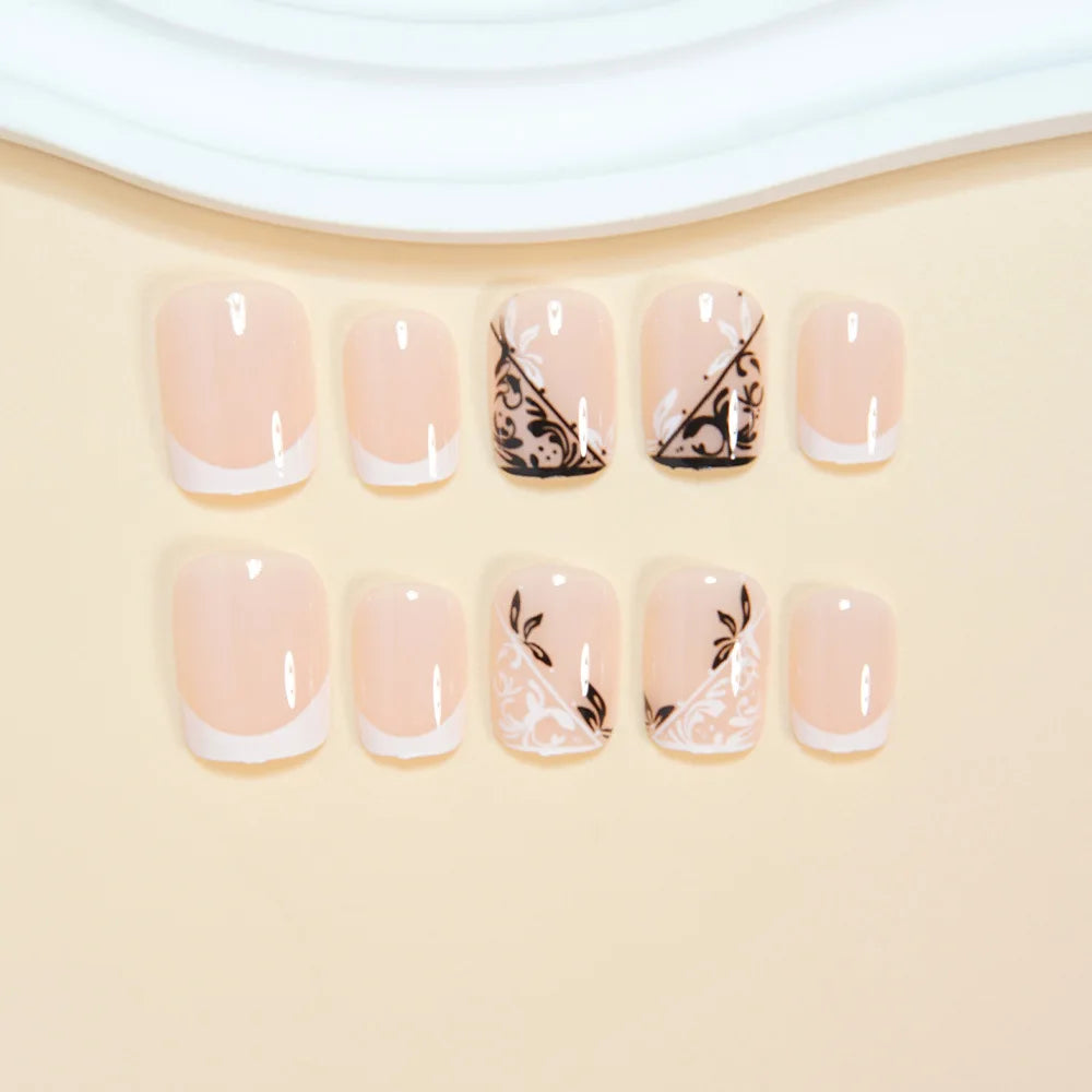 24Pcs Minimalist White French False Nails Nude Color Short Square Press On Nails Fairy Flower Printed Full Cover Fake Nails Art