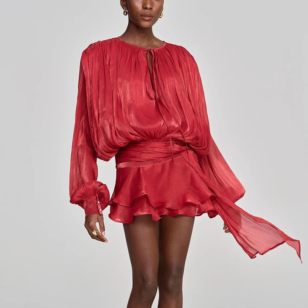 TWOTWINSTYLE Solid Loose Spliced Lace Up Elegant Dresses for Women Round Neck Long Sleeves Patchwork Folds Dress Female Style