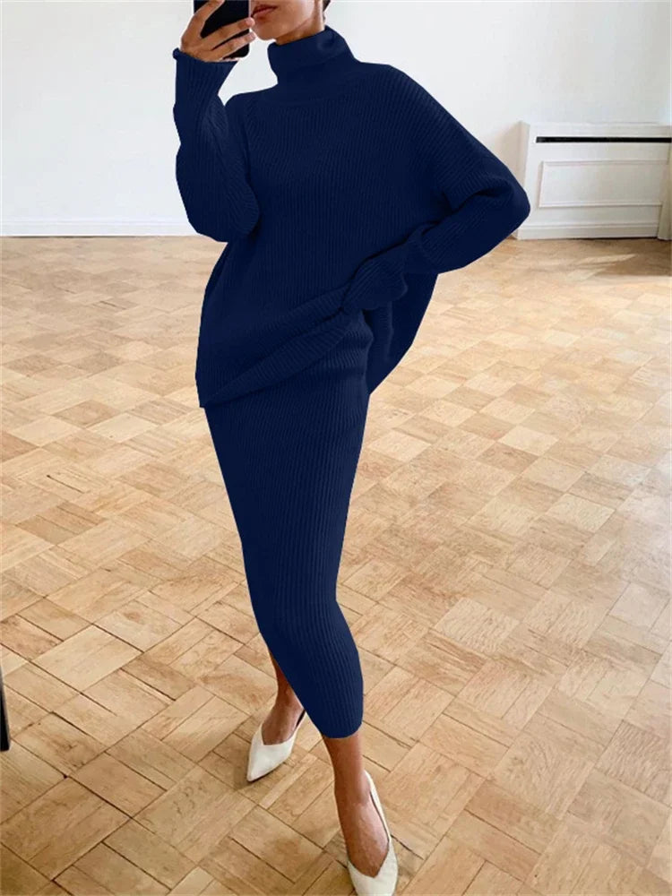 new Ribbed Knit 2 Piece Dress Set Outfits Ladies Knitwear Top And Midi Skirt Sets For Women Casual Winter Sweater Sets Navy Blue