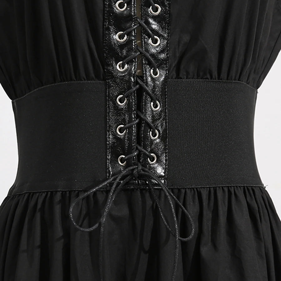 TWOTWINSTYLE Solid Slimming Spliced Lace Up Elegant Dresses for Women Round Neck Sleeveless Patchwork Folds Dress Female Fashion