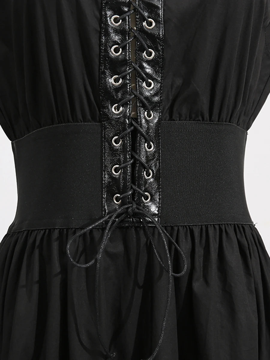 TWOTWINSTYLE Solid Slimming Spliced Lace Up Elegant Dresses for Women Round Neck Sleeveless Patchwork Folds Dress Female Fashion