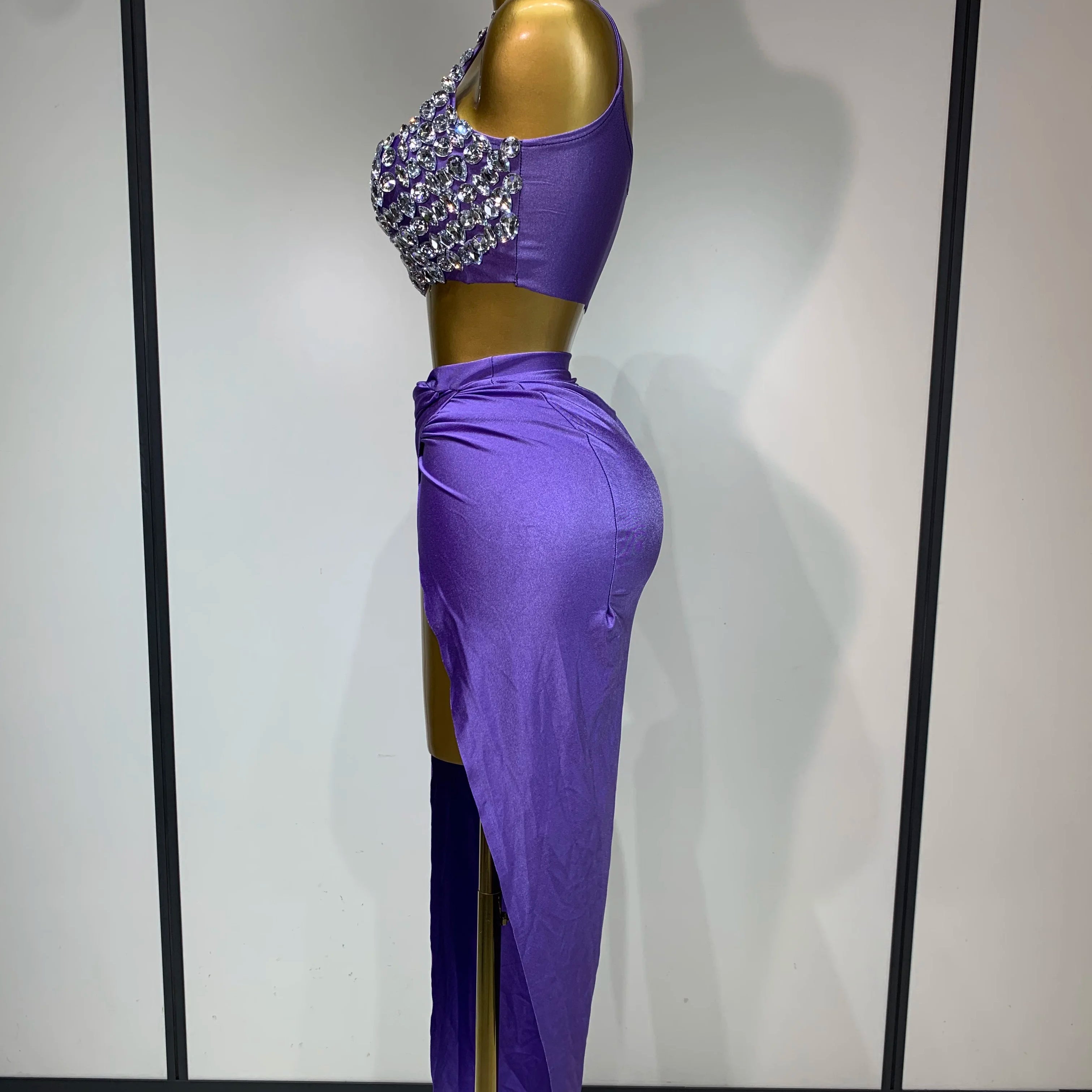 Ensemble deux pièces sexy pour femme, avec cristaux étirés et diamants, pour boîte de nuit, chanteuse, danseuse, spectacle sur scène, soirée, jupe