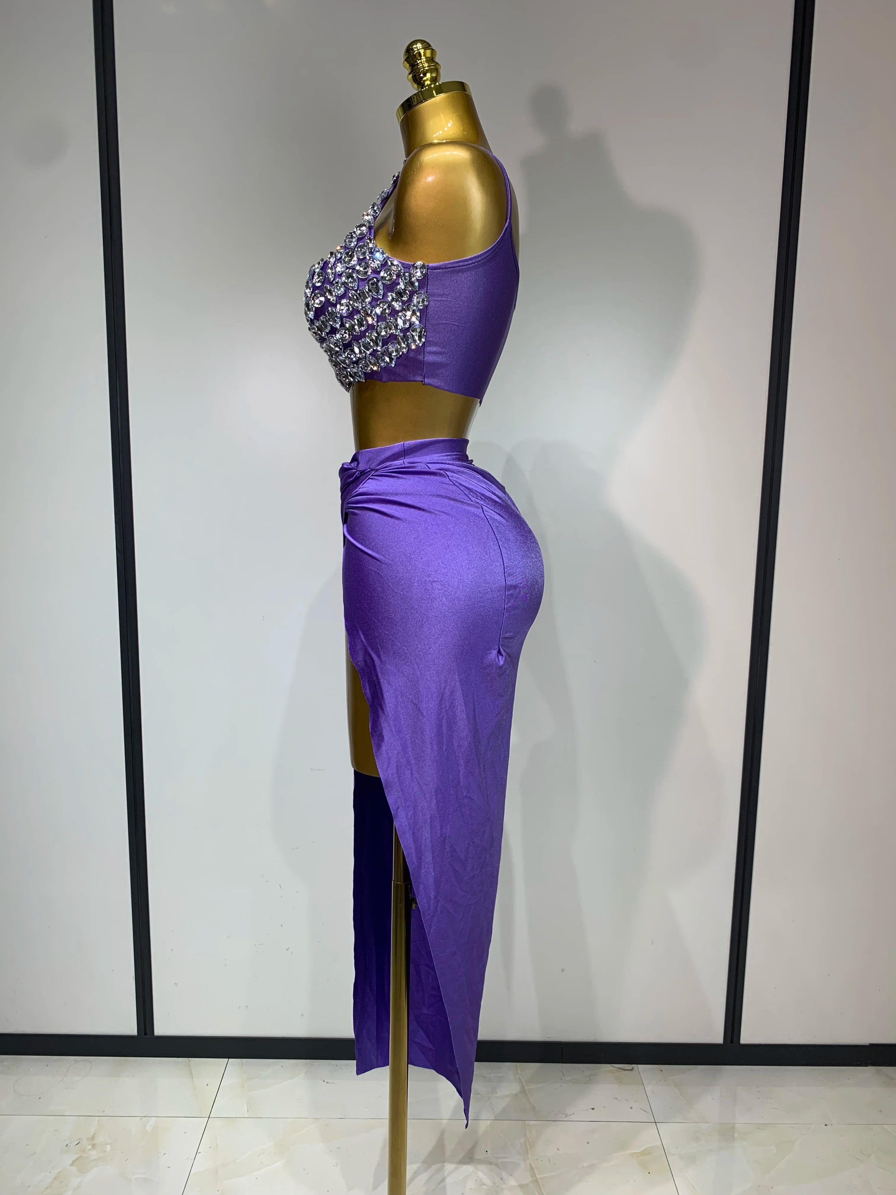 Ensemble deux pièces sexy pour femme, avec cristaux étirés et diamants, pour boîte de nuit, chanteuse, danseuse, spectacle sur scène, soirée, jupe