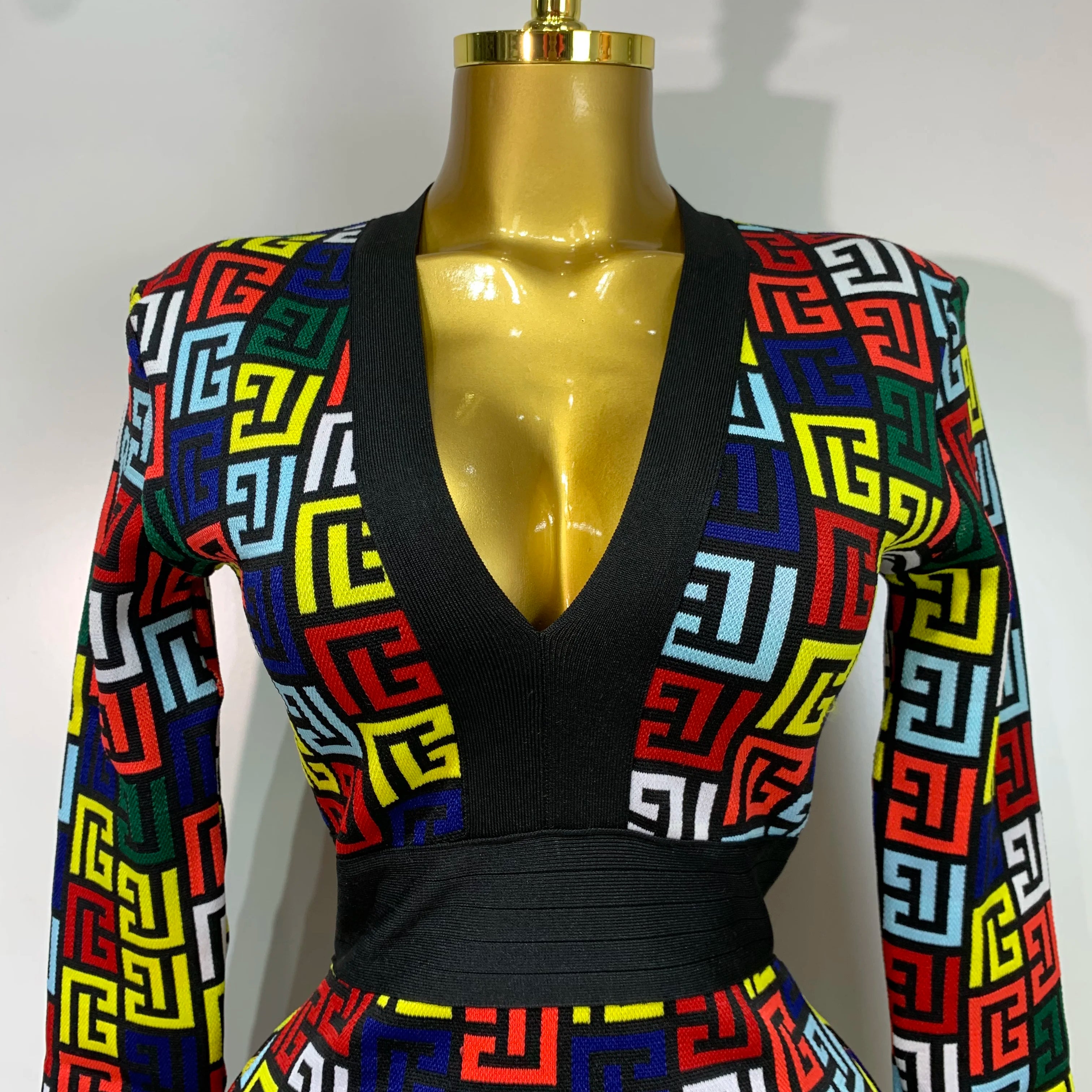 Women Long Sleeve V-Neck Bodycon Jacquard Short Bandage Dress 2025 Elegant Evening Luxury Birthday Party Cocktail Outfit