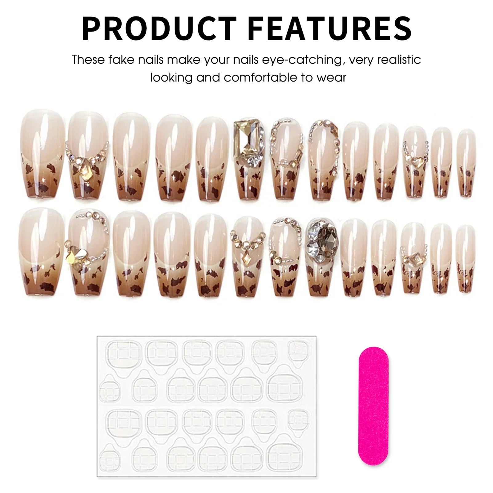 Autumn Winter Leopard Printed French Press On Nails 24Pcs Medium Length Coffin Fake Nails Shiny Diamond Decor Wearable Nails Art