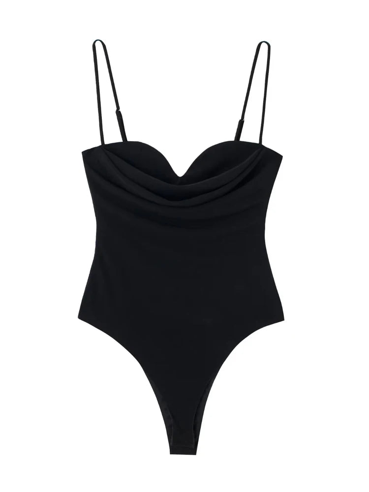 Women Fashion With Sweetheart Neck Draped Bodysuits Vintage Backless Zipper Thin Straps Female Playsuits Mujer as picture