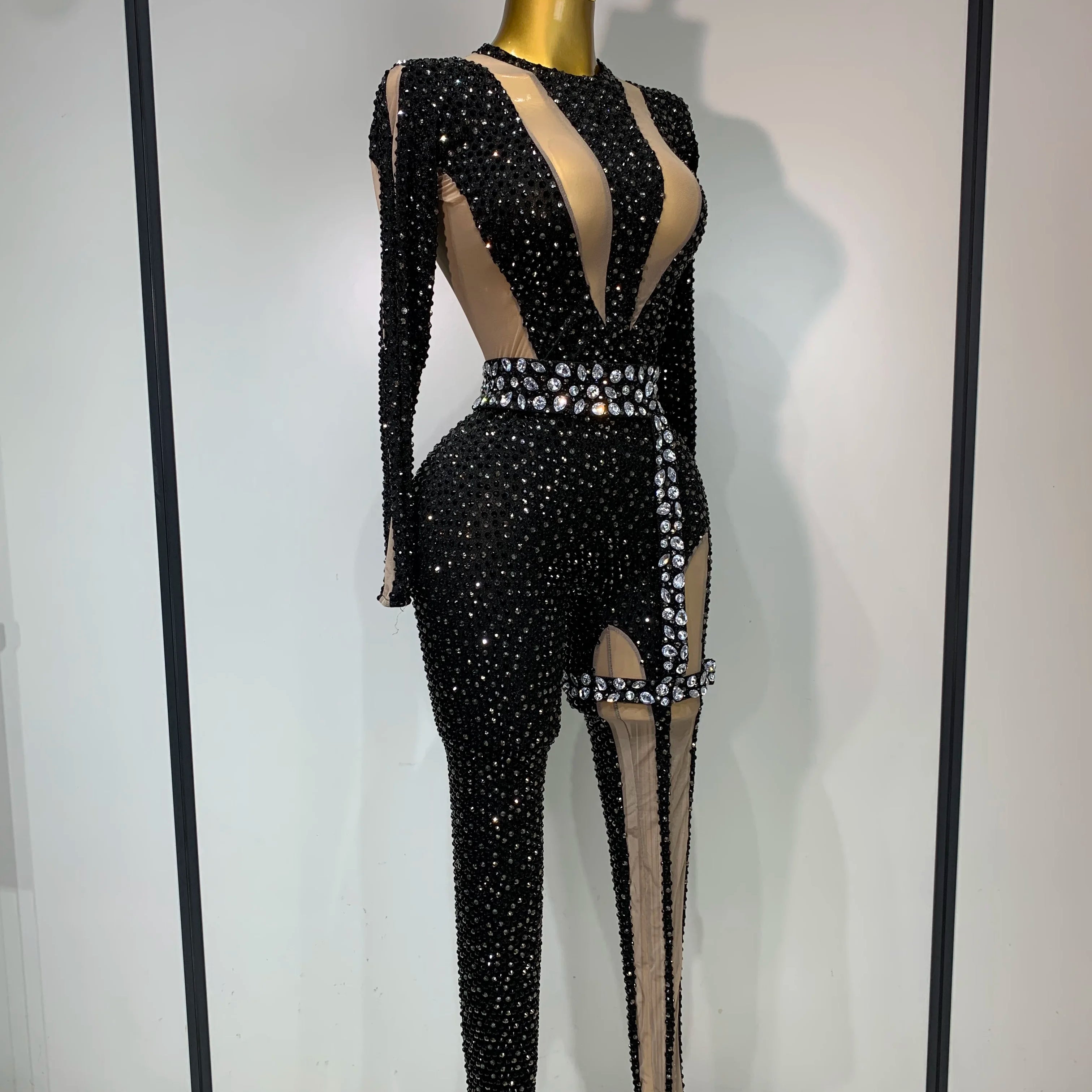 Sexy Sparkly Diamond Black Long Sleeves Bodycon Mesh Jumpsuit Evening Party Nightclub Bar Singer Performance Stage Costume