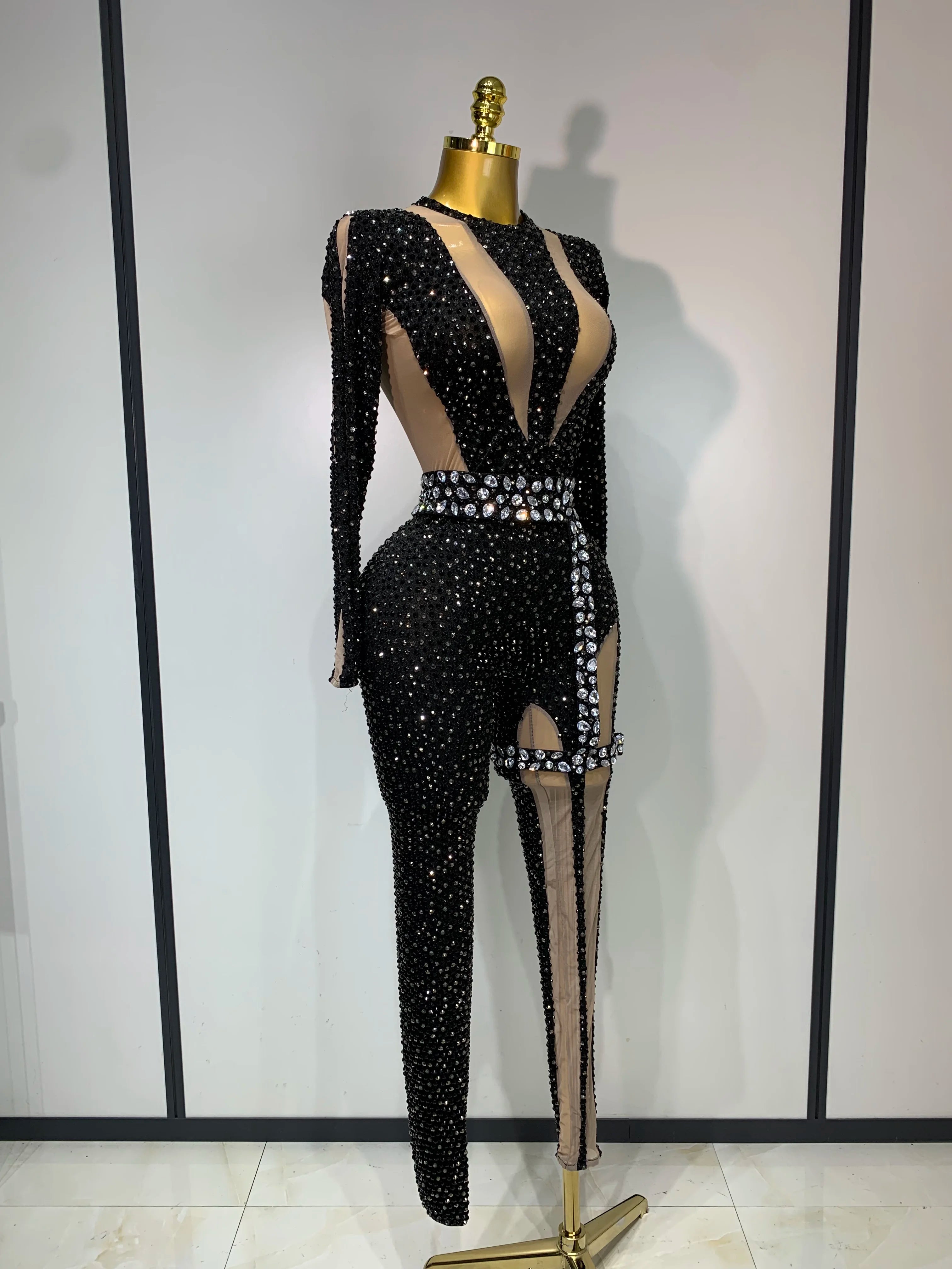 Sexy Sparkly Diamond Black Long Sleeves Bodycon Mesh Jumpsuit Evening Party Nightclub Bar Singer Performance Stage Costume
