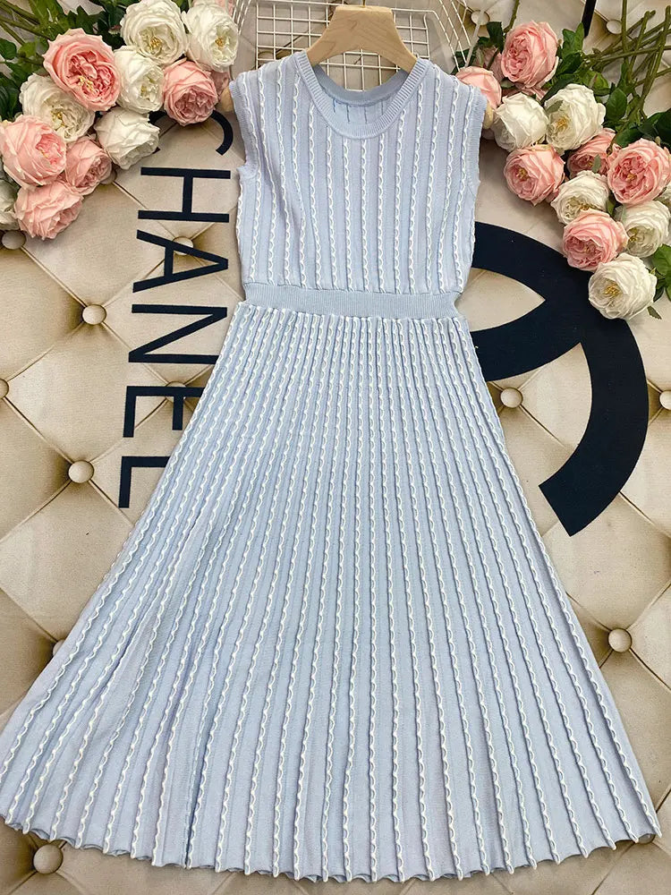 2024 New Listing Elegant Striped Knit Dress Women O-neck Sleeveless A-line Dresses Club Evening Party Midi Vestido