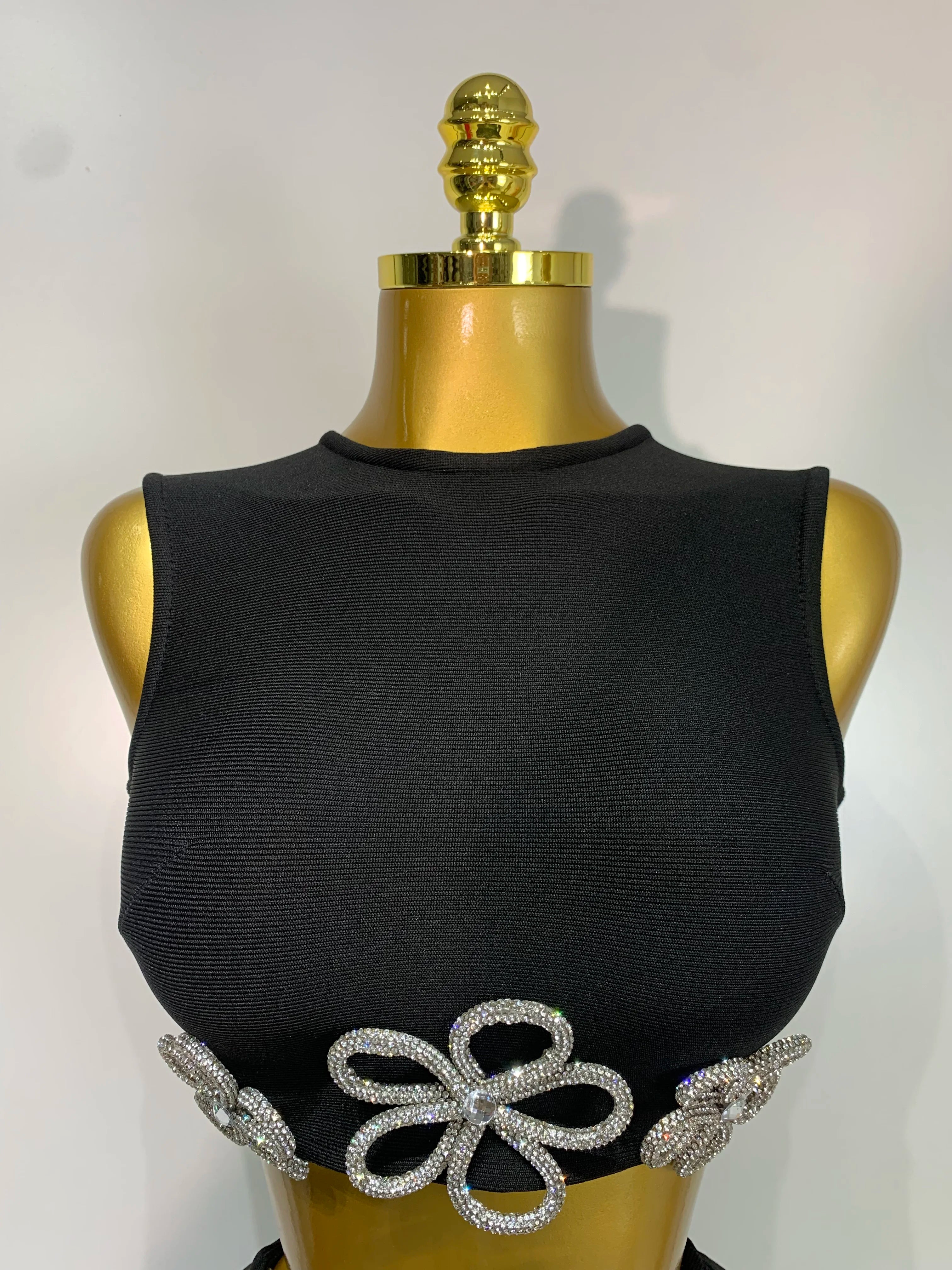 Women Celebrity Sexy Crytal Flower Black Mini Bandage Skirt Suit 2025 Knitted Elegant Evening Club Birthday Party Two Pieces Set