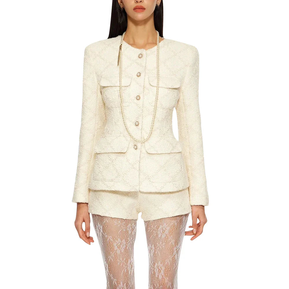 Solid Temperament Two Piece Sets For Women O Neck Long Sleeve Coat High Waist Shorts Elegant Set Female Fashion New