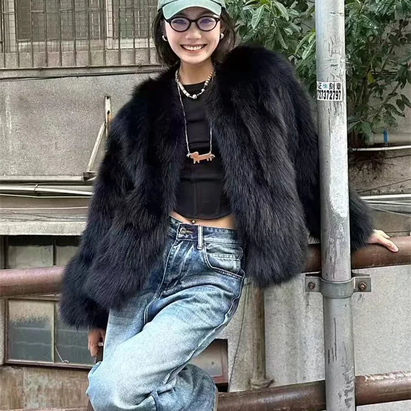 Imitation Fox Fur Eco Friendly Fur Coat Cardigan Women's Winter New Black Short Style Slim and Fashionable Young Fur Coat