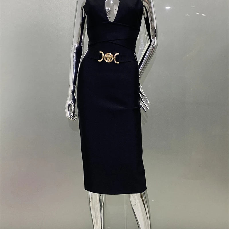 Women Sleeveless Sexy V-Neck Bodycon Midi Bandage Dress Fashion Celebrate Nightclub Party Birthday Dress