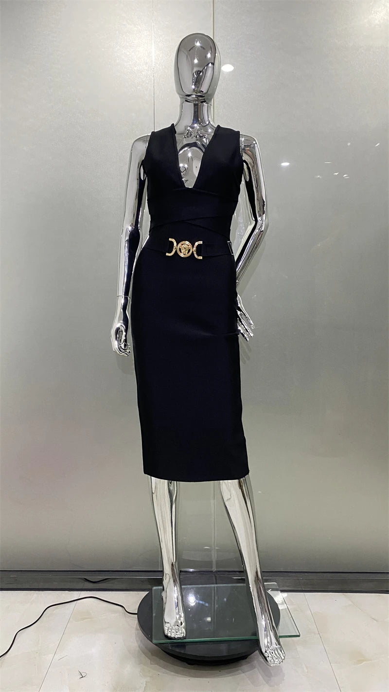 Women Sleeveless Sexy V-Neck Bodycon Midi Bandage Dress Fashion Celebrate Nightclub Party Birthday Dress